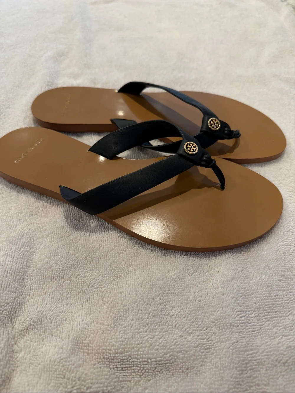 Tory Burch Miller Flip Flop Sandals | Black & Tan | Gold Logo